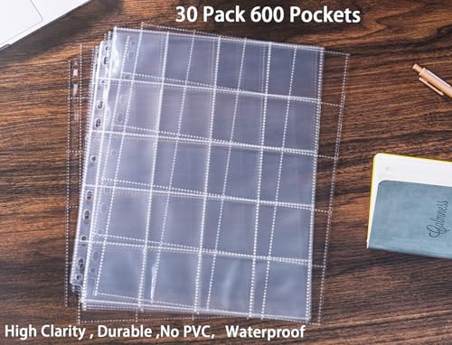 30 Pack 600 Pockets 2x2” Coin Flip Sleeves, Heavy Duty Stamp Collection Pages for 3 Ring Binder, 20 Pocket Photo Slide Flips Organizer Sheet, Top Loading Clear Cardboard Coin Holder Sleeves - color: 30 Pack Coin Sleeves