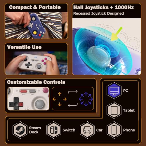 IINE Retro Pocket Game Controller with Hall Effect Joysticks, Switch 1 & 2 Compatible, Wireless Gamepad for Steam Deck, PC, Android, iOS, Customizable D-Pad, Vibration & Motion Control (Grey) - color: Grey