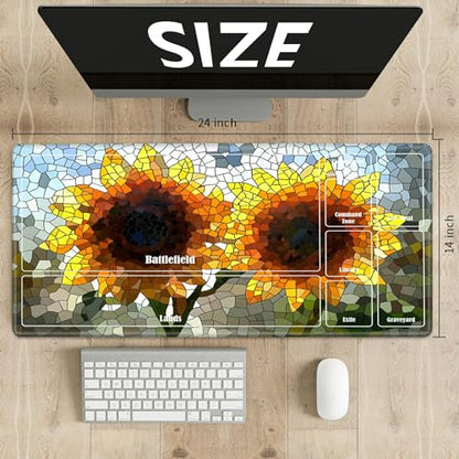 MTG Playmat with Zones, TCG Card Game Play Mat with Stitched Edges, Non-Slip Rubber Base Gaming Desk Mat, Smooth Surface 24 x 14 Inch, Mosaic Sunflowers - color: Mosaic Sunflowers, size: Zone 1