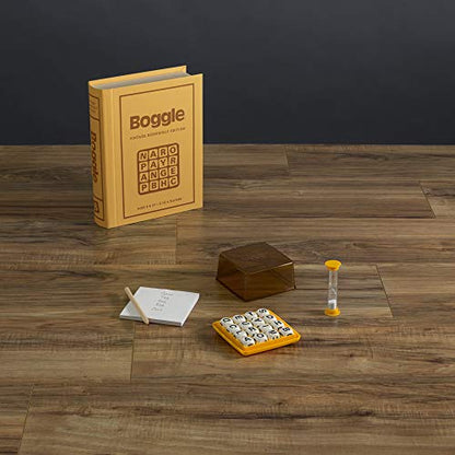 WS Game Company Boggle Vintage Bookshelf Edition Classic Tabletop Word Game | Linen-Wrapped Book Box, Translucent Dome, Sand Timer, Integrated Storage, Retro Design, 2-6 Players, Adults and Kids 8 and Up
