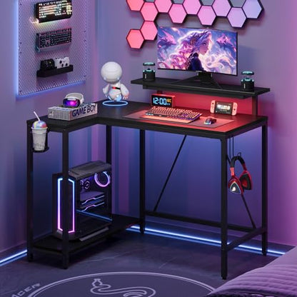 Pinmoco 42" Reversible L-Shaped Desk, Gaming Desk with LED Lights, Monitor Stand, Cup Holder and Headset Hook, Corner Work Station for Home Office, Study and Small Spaces, Carbon Fiber Black | corner desk fits small spaces, monitor stand, cup holder, head