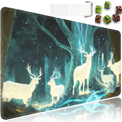 for MTG Game Playmat - 24 x 14 inches with Dices and Storage Bags, Non-Slip Base for TCG and Board Game Card Mats, Trading Card Games Mat, Enchanted Forest White Deer Collectible Card Playmats - color: Jv-playmat-p7-1-d109