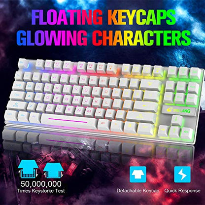 Wireless Membrane Gaming Keyboard and Mouse Set with 87Key Tenkeyless-White | Rainbow LED Backlight,Rechargeable 3800mAh Battery,Anti-ghosting,Ergonomic,Waterproof,RGB Mute Mice for Computer PC Mac Gamer - color: White