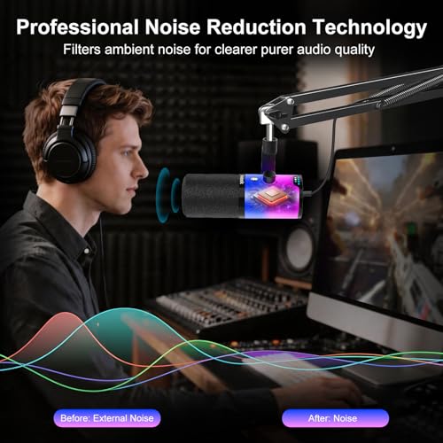 Aveek USB/XLR Dynamic Microphone with Boom Arm for Gaming & Streaming | RGB Lighting, Noise Cancellation, One-Touch Mute, Monitor Mix & Headphone Jack for PC & PS5
