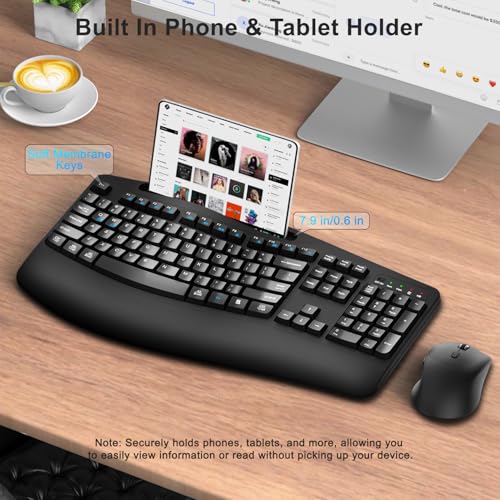 Wireless Keyboard and Mouse Combo, Full Size Ergonomic Wave Keys(Black) | 2.4G Ergonomic Keyboard with Wrist Rest, Phone Holder, 3-Level DPI Silent Mouse with 6-Buttons, for Windows/Mac OS/Laptop/PC - color: Black