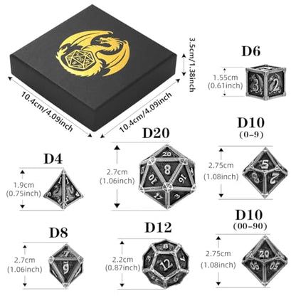 Metal Dice Set, Fly Dragon Pattern, 7pcs Polyhedral Metal DND Dice Set, DND Starter Set, D&D Gifts with Gift Box, Role Playing Board Games Accessories, Silver ﻿ ﻿ - color: Silver