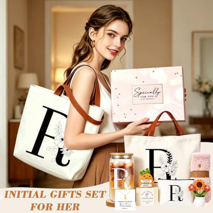 DHQH Birthday Gifts for Women, Monogrammed Gifts Box Included 16 oz Initial Glass Drinking Cup,Canvas Tote Bag，Personalized Iced Coffee Tumbler Gift for Women Her Mom Teacher Friends Sister，R - color: letter-cup-r