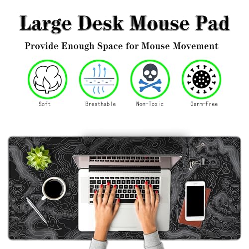 Computer Desk Pad - Black and White, Gaming Keyboard and Mouse Pad, Non-Slip Rubber Base, 35.4 X 15.7 inch for Work/Game/Office Topographic Map - color: Topographic Map Lines