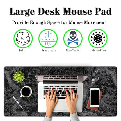 Computer Desk Pad - Black and White, Gaming Keyboard and Mouse Pad, Non-Slip Rubber Base, 35.4 X 15.7 inch for Work/Game/Office Topographic Map - color: Topographic Map Lines