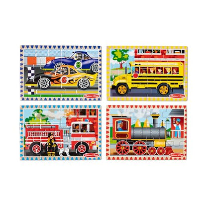 Melissa & Doug 4‑in‑1 Wooden Vehicle Jigsaw Puzzle Set, 48 Pieces with Storage Box, Toddler Puzzle Toy for Kids Ages 3+- FSC Certified - style: Vehicles