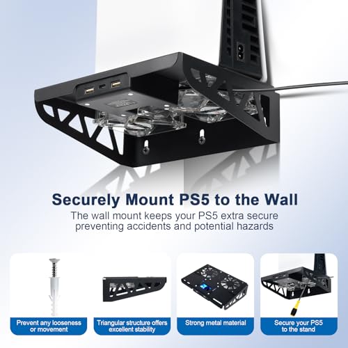 WishJazz PS5/Slim/Pro Wall Mount Kit with Cooling Fan & Charging Station, PS5 Shelf Wall Mount Accessories, Steel Wall Stand with Dual Controller Charger, Headset Hanger for All PS5 Versions