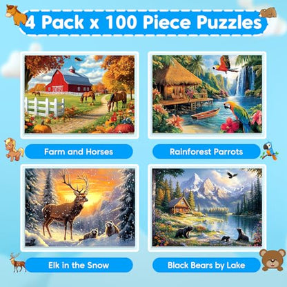 4 Packs Puzzles for Kids Ages 4-6 6-8 8-10, Farm Rainforest Wild Animals Kids Puzzles, 100 Pieces Jigsaw Puzzle for Seniors Adults Kids Learning Puzzle Toys Gifts for Girls Boys 15x11 inch - style: Wild Animals