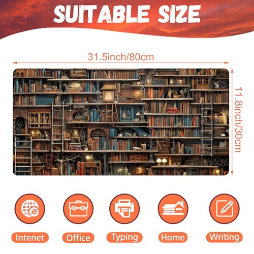 Desk Pad, Fantasy Shelves Desk Mat, Shelves Full of Books Large Gaming Mouse Pad for Desk, 31.5"x15.7" Extended Big Computer Keyboard Mouse Pad with Non-Slip Base and Stitched Edge - color: Fantasy Shelves