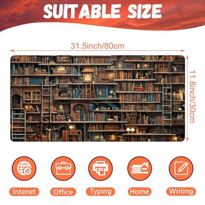 Desk Pad, Fantasy Shelves Desk Mat, Shelves Full of Books Large Gaming Mouse Pad for Desk, 31.5"x15.7" Extended Big Computer Keyboard Mouse Pad with Non-Slip Base and Stitched Edge - color: Fantasy Shelves