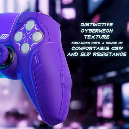 PlayVital 2 Pack Silicone Skin Set for PS5 Controller - Charging Dock Compatible, Full Protection Case with Futuristic CyberMech Design, Soft Cover with Thumb Grips & Stickers - Purple - color: 2 Purple