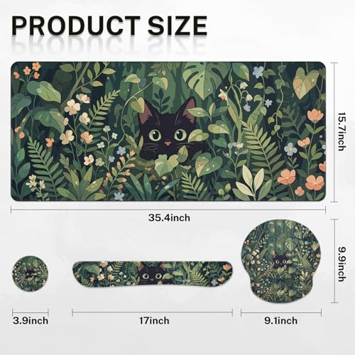 Britimes Green Plants Keyboard Mouse Pad Set Cute Black Cat 4in1 Large Mousepad+Keyboard Wrist Rest+Mouse Wrist Rest+Coaster Ergonomic Design for Home Office Computer 35.4x15.7 inches - color: Cat in the Grass