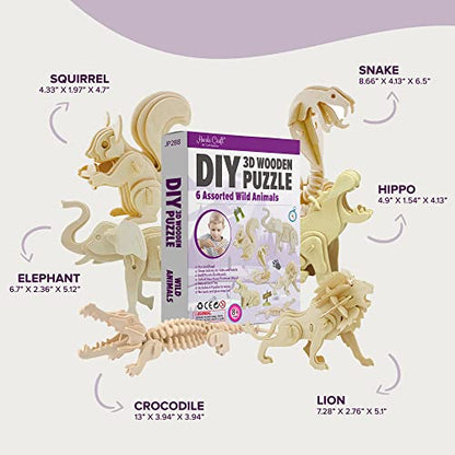 Hands Craft DIY 3D Wooden Puzzle – 6 Assorted Wild Animals Bundle Pack Set Brain Teaser Puzzles Educational STEM Toy Adults and Kids to Build Safe and Non-Toxic Easy Punch Out Premium Wood JP2B8 - color: Wild Animals
