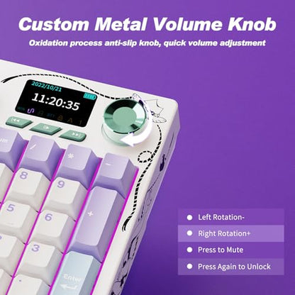 Ajazz AK35I V4 Full Size Wireless Mechanical Keyboard with 1.14" Color Screen & Knob, Tri-Mode Gasket Hot Swappable Gaming Keyboard, 10000mAh Battery, RGB, Purple - color: Purple White