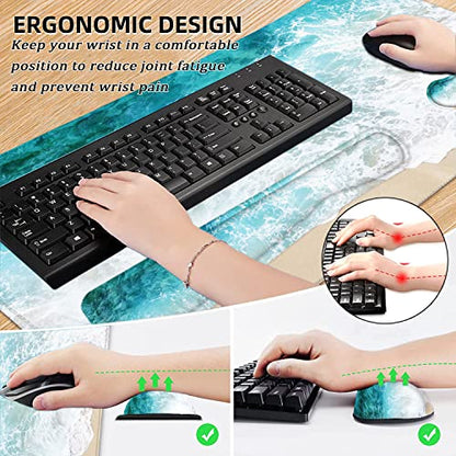 Large Mouse Pad with Wrist Rest, 4-in-1 Wrist Rest for Keyboard and Mouse | Non-Slip Waterproof Desk Mat Set, 35.4"x15.7" Desk Mat+Keyboard Wrist Rest+Mouse Wrist Support+Cup Coaster for Home Office - color: 4Pcs-Beach