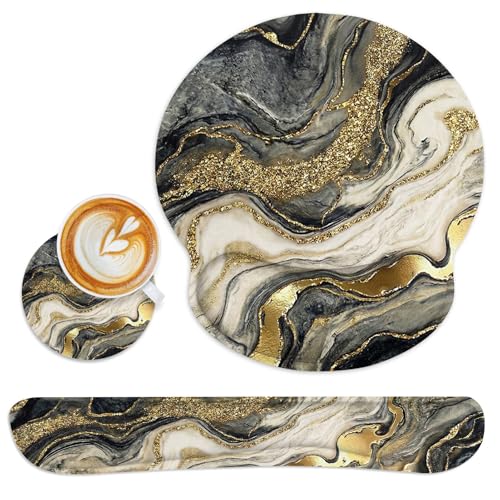 Ergonomic Mouse Pad Set with Wrist Rest, Black Gold Marble | Abstract Non-Slip Rubber Base Wrist Cushion Support and Coasters Mousepad with Wrist Support for Computer Keyboard - color: Black Gold Glitter Marble