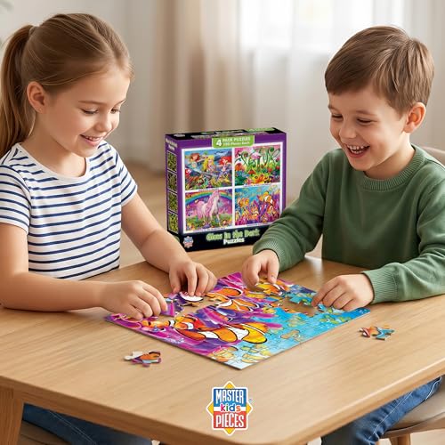 MasterPieces – Jigsaw Puzzle Set for Kids 6+ Years, 4-Pack of 100 Pieces, Educational and Fun Game, Purple Glow in the Dark Collection, Gift Idea for Children, 8" x 10 - style: Glow in the Dark V1
