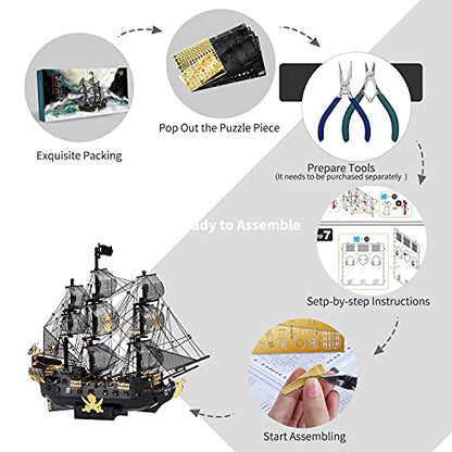 Piececool 3D Puzzles for Adults, Black Pearl Pirate Ship Metal Model Kits, 3D Watercraft Model Building Kit, DIY Craft Kits for Family Time, Great Christmas Gifts, 307Pcs - color: Black Pearl