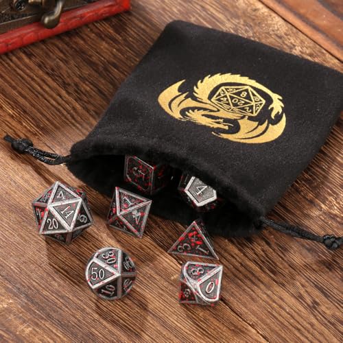Metal Dice Set, 7pcs Polyhedral Metal DND Dice Set, DND Starter Set, D&D Gifts with Gift Bag, Role Playing Board Games Accessories, Bloodstained Silver - color: Bloodstained Silver + Gift Bag