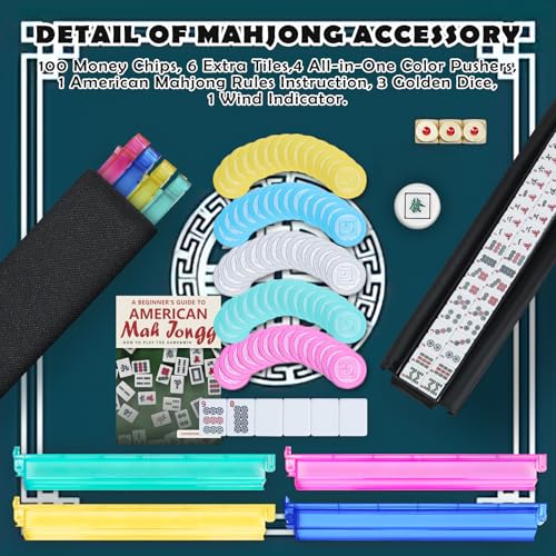 American Mahjong Tile Set, Mah Jong Set Complete with Bag, 166 White Tiles with Golden Dices for Travel, 4 All-in-One Mahjong Racks with Pushers (Black) - color: Black
