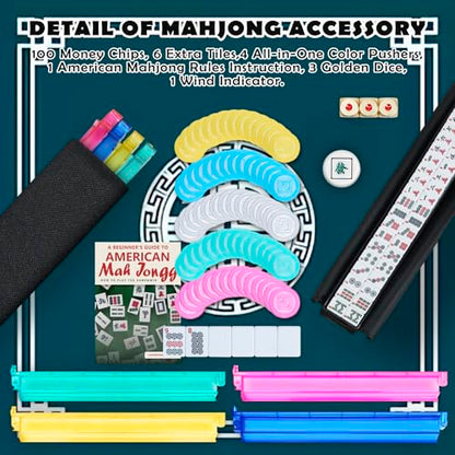 American Mahjong Tile Set, Mah Jong Set Complete with Bag, 166 White Tiles with Golden Dices for Travel, 4 All-in-One Mahjong Racks with Pushers (Black) - color: Black