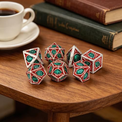 Metal Dice Set, Dragon Eye Theme, 7pcs Polyhedral Metal DND Dice Set, DND Starter Set, D&D Gifts with Gift Box, Role Playing Board Games Accessories, Silver Red Green - color: Silver Red Green With Gift Box