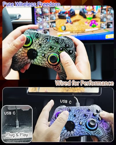 WZUICOV RGB Multi-Platform Game Controller for Switch, Phone, Tablet, PC, TV Box & Tesla - Bluetooth & Wired USB-C, with C-A Adapter, Phone Holder + Extra 25mm Cable - color: Geometric Space