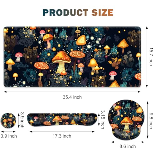 Gaming Mouse Pad, Large Desk Mat Cute Desk Pad Protector, 4in1 XXL Mousepad | + Keyboard Wrist Rest+Mouse Wrist Rest+Coaster Set with Ergonomic Desk Pad for Home Office Table Computer, Lovely Mushroom - color: Lovely Mushroom