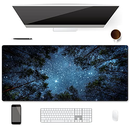 XXL Waterproof Office Desk Pad Protector 35.4x15.7 Inch - Extended Gaming Mouse Pad with Non-Slip Rubber Base, Thickened Keyboard Mat, Stitched Edges & Forest Starry Design - color: Blue