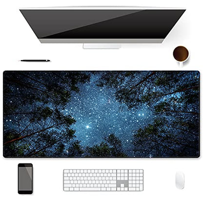 XXL Waterproof Office Desk Pad Protector 35.4x15.7 Inch - Extended Gaming Mouse Pad with Non-Slip Rubber Base, Thickened Keyboard Mat, Stitched Edges & Forest Starry Design - color: Blue