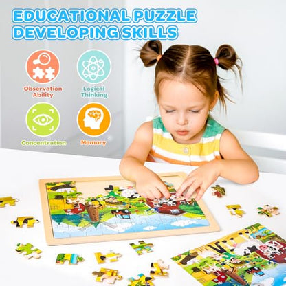 6-Pack Wooden Puzzles for Kids Ages 3-5, 60-Piece Animals Jigsaw Set | Toddler Puzzles Ages 3-5, Preschool Puzzles with Wooden Jigsaw Boards for Fine Motor Skills, Shape Recognition and Travel - style: Animals