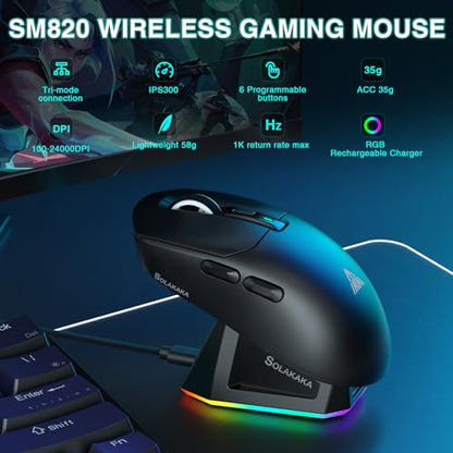 SOLAKAKA SM820 Wireless Gaming Mouse with RGB Charging Dock,24000 DPI Tri-Modes Wireless Mouse with 2 Side Buttons,Programmable Macro Mouse for Gaming(Black) - color: black