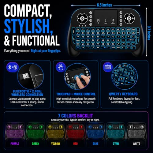Mini Wireless Keyboard with Touchpad, Bluetooth + 2.4GHz RF Remote Control, 7-Color Backlit Rechargeable Keyboard for Smart TV, Android TV Box, Fire Stick, PC, Laptop, HTPC, Raspberry Pi & Tablet