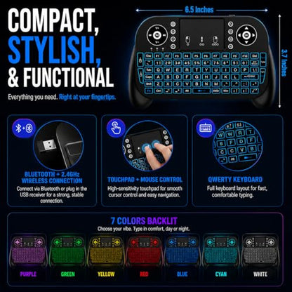 Mini Wireless Keyboard with Touchpad, Bluetooth + 2.4GHz RF Remote Control, 7-Color Backlit Rechargeable Keyboard for Smart TV, Android TV Box, Fire Stick, PC, Laptop, HTPC, Raspberry Pi & Tablet