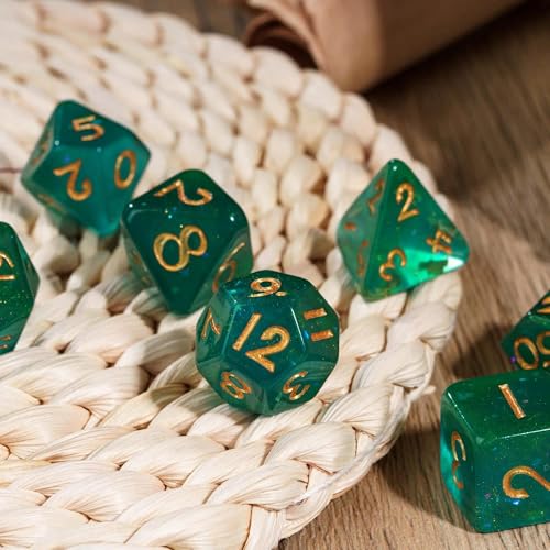 Green DND Dice Set Glitter Polyhedral Dice for D&D Tabletop Games | Leather Storage Bag, DM Gift, for Dungeons and Dragons Role Playing Games - color: Glitter-green