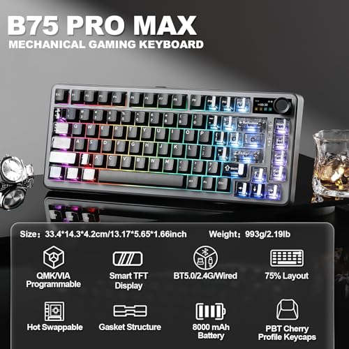 YUNZII B75 PRO MAX QMK/VIA Wireless Mechanical Keyboard | 75% Layout with Screen and Knob, Custom Hot Swap, Gasket, Creamy Switches, for Win/Mac (Black, Cocoa Cream V2 Switch) - color: Black, size: Cocoa Cream V2 Switch