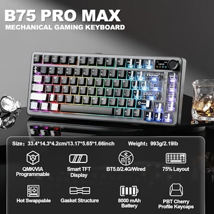 YUNZII B75 PRO MAX QMK/VIA Wireless Mechanical Keyboard | 75% Layout with Screen and Knob, Custom Hot Swap, Gasket, Creamy Switches, for Win/Mac (Black, Cocoa Cream V2 Switch) - color: Black, size: Cocoa Cream V2 Switch
