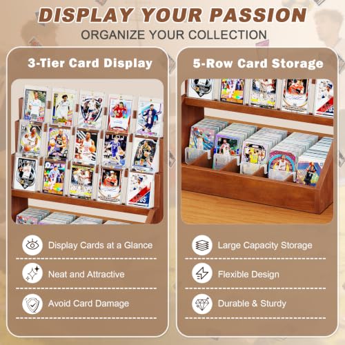Emfogo Trading Card Display, 3-Tier Card Display Stand with 5-Row Storage, Wooden Graded Card Display, Large Capacity Sports Cards Display Case for Cards Game Collection (Walnut) - color: Walnut