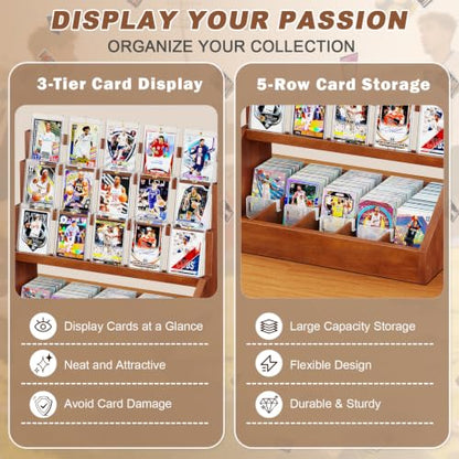 Emfogo Trading Card Display, 3-Tier Card Display Stand with 5-Row Storage, Wooden Graded Card Display, Large Capacity Sports Cards Display Case for Cards Game Collection (Walnut) - color: Walnut