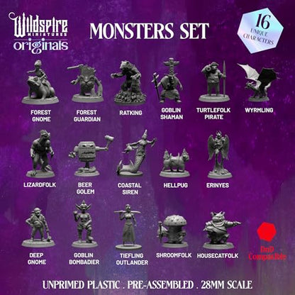 Wildspire Monsters Pack for DND Miniatures Booster Pack of 16 Bulk Monsters 28mm-32mm Scale Dungeons Dragons Accessories D&D Miniature DND Minis D D Figures Starter Set Tabletop Pathfinder Set