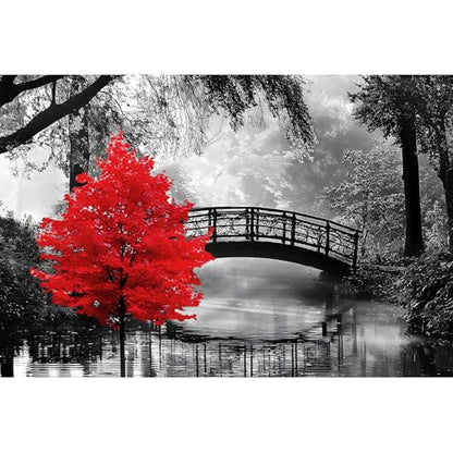 najiaxiaowu Adult Puzzle Classic Jigsaw Puzzle 1000 Pieces Wooden Puzzle DIY Black and White Bridge and Red Tree Modern Home Decor Intellectual Game Wall Art Unique Gift 75x50cm