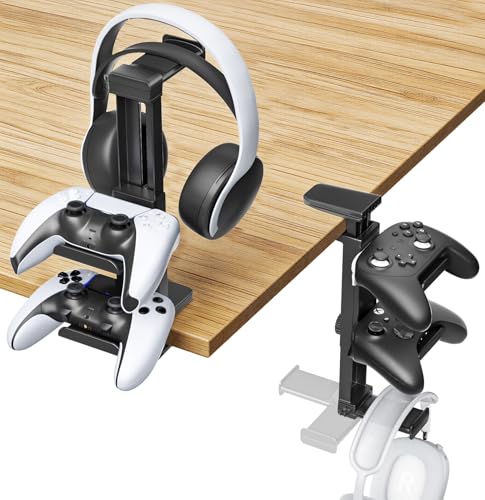 Headphone Stand & Under Desk Controller Holder with Adjustable Clamp, Controller Stand & Headset hanger for Desk Mount with 360° Rotating Hook & Cable Organizer 3-in-1 Game Organizer, Headphone Cases - size: 3 Hooks