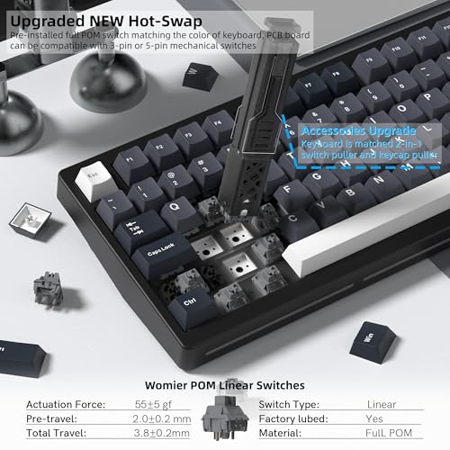 Womier 75% Wireless Mechanical Gaming Keyboard with Knob & Display | Bluetooth 5.0/2.4GHz/USB C Thocky Creamy Keyboard for PC Computer, 8000mAh Battery Hot Swap keyboard for Win/Mac (MT75-Grey) - color: Grey