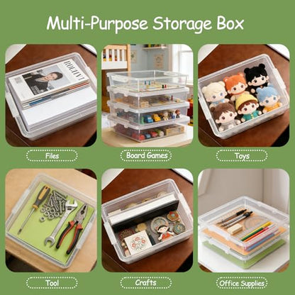 4 Pack Board Game Storage, Large Plastic Storage Bins with Latching Lid (14x13.5x3.15 in), Stackable Paper Storage Box for 12x12 Paper, Board Game, Art Supply, Puzzle, Documents