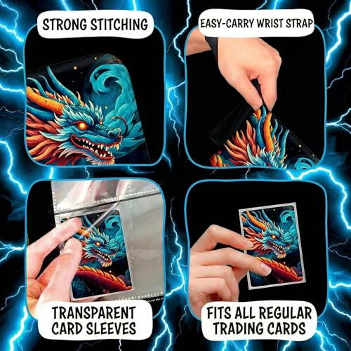 Trading Card Binder Small 4 Pocket,capacity of 400 Cards, 50 Clear Sheets Included, 3 Rings And Zipper, Cards Binder, Collector Binder, Water Proof with Dragon Design (Blue and Red, Small) - color: Blue and Red, size: Small