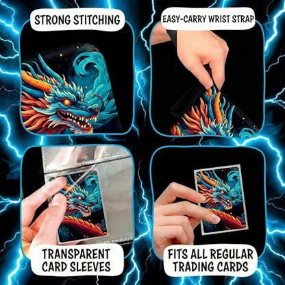 Trading Card Binder Small 4 Pocket,capacity of 400 Cards, 50 Clear Sheets Included, 3 Rings And Zipper, Cards Binder, Collector Binder, Water Proof with Dragon Design (Blue and Red, Small) - color: Blue and Red, size: Small